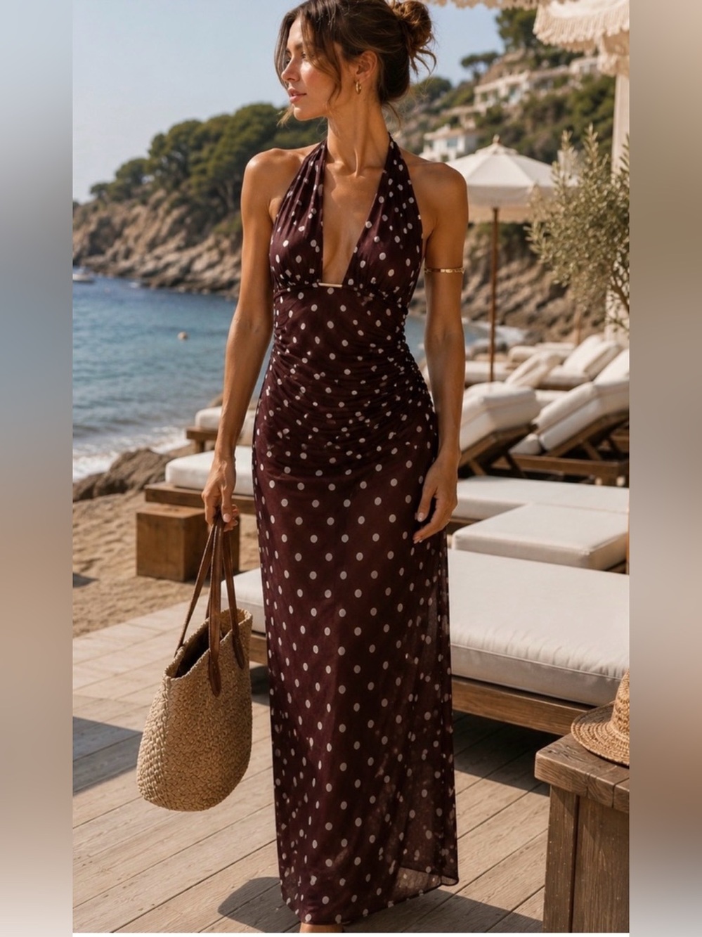 Caroline Constas Brown Polka Dot Halter Cover Up Maxi Dress sz M